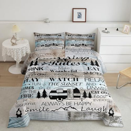 Happy Camping Camper Kids Comforter Set Queen Size,Rustic Farmhouse Adventure Cabin Bedding Set,Girls Boys Room Decor,Wooden Plank Cottage Lake House Quilt Comforter,Vintage Duvet Insert,2 Pillowcases