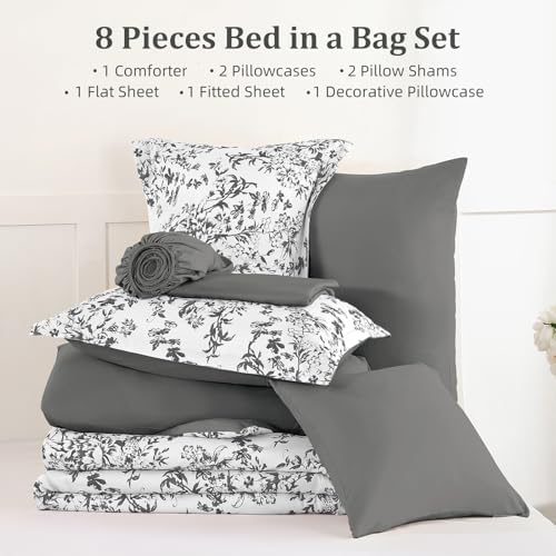 Queen Size Comforter Set 8 Pieces Grey Floral Bed in a Bag Comforter Sets