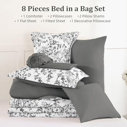 Queen Size Comforter Set 8 Pieces Grey Floral Bed in a Bag Comforter Sets