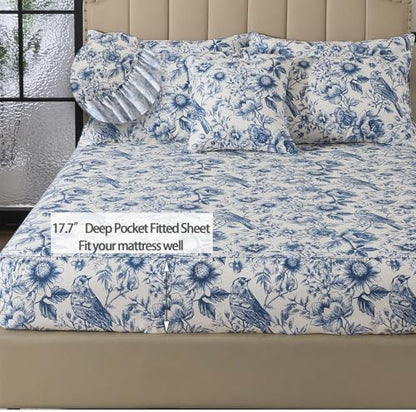 FADFAY Sunflower Bird Sheets Set Twin 100% Egyptian Cotton Blue Toile de Jouy Bedding Vintage Blue and White Floral Farmhouse Bedding Shabby French Country Sheets Deep Pocket Soft Breathable 4Pcs