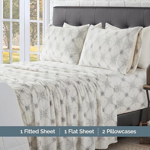 Elegant Comfort Luxuriously Soft 4-Piece Holiday Velvet Plush Flannel Sheet Set - Premium Quality - Cozy Warm, Christmas Fuzzy Velvet Flannel Fleece Deep Pocket Sheet Set - Full, Beige Snowflake