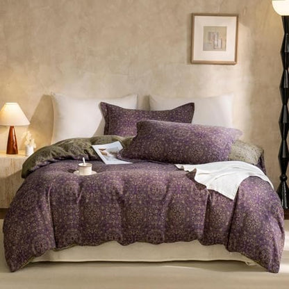 VM VOUGEMARKET Jacquard Flower Duvet Cover Twin,Purple Green Floral Duvet Cover Set Yarn-Dyed Cotton Boho Medallion Bedding Set,Retro Reversible Duvet Cover with Zipper Ties