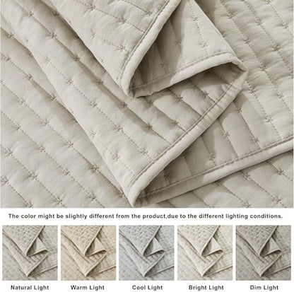 WDCOZY Beige Cross Stitch Twin Size Quilt Set, Netural Striped Lightweight Soft Bedspread, Channel Farmhouse Rustic Coverlet, All Season Country Bedding, Thin Comforter