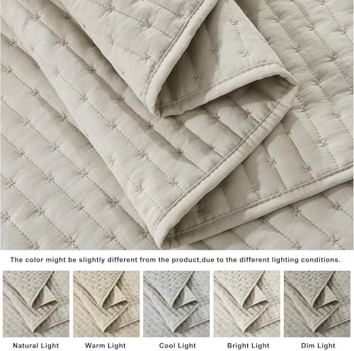 WDCOZY Beige Cross Stitch King Size Quilt Set, Netural Striped Lightweight Soft Bedspread, Channel Farmhouse Rustic Coverlet, All Season Country Bedding, Thin Comforter