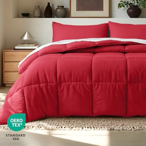 Bare Home Queen Comforter Set - 1800 Ultra Soft (Queen, Red)