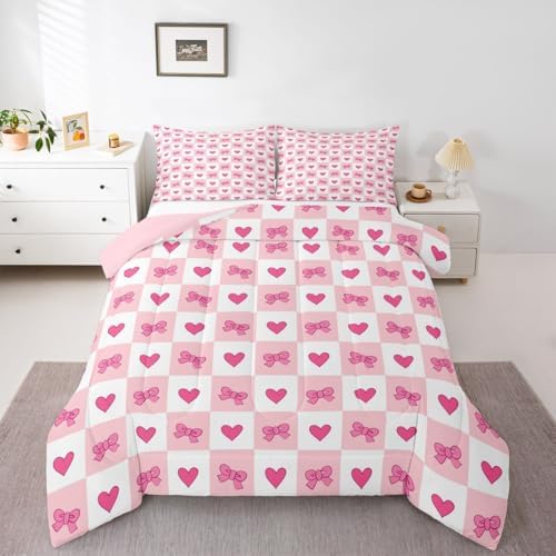 jejeloiu Girls Pink Bow Kids Comforter Set King Size Bow Bedding Set Cute Bowknot Duvet Quilt for Kids Boys Girls Bedroom Decor Microfiber Ultra Soft Breathable