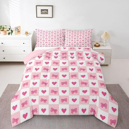 jejeloiu Girls Pink Bow Kids Comforter Set King Size Bow Bedding Set Cute Bowknot Duvet Quilt for Kids Boys Girls Bedroom Decor Microfiber Ultra Soft Breathable