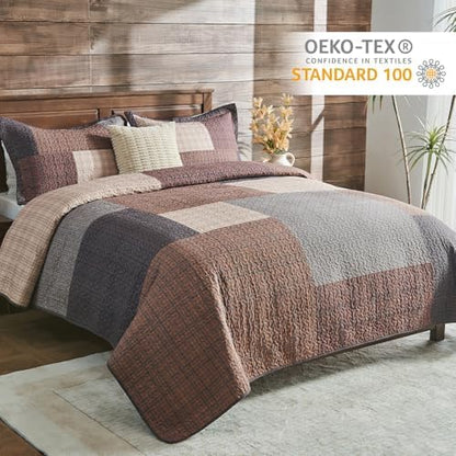 Finlonte 100% Cotton Queen Quilt Set, Farmhouse Plaid Queen Quilted Bedspread, Brown Lightweight Reversible Comforter Bedding Set for All Season, 3-Piece