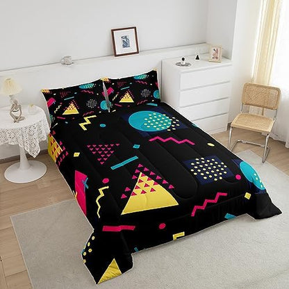 Manfei Memphis Comforter Set Full Size, Retro 80s 90s Geometric Fashion Style Bedding Set 3pcs for Kids Boys, Triangle Circle Vintage Quilt Set Soft Polyester Duvet Set with 2 Pillowcases