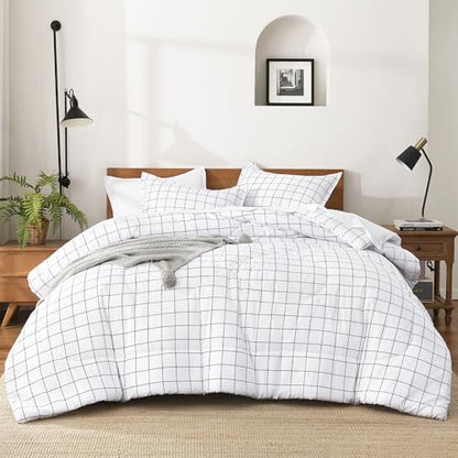 Andency King Comforter Sets White, Gingham Plaid Grid Checkered Bedding Set