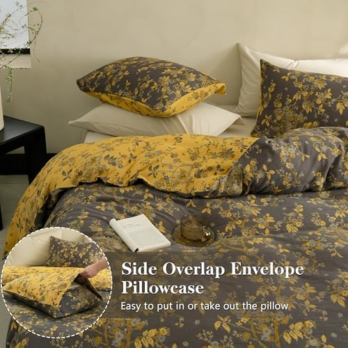 Simple&Opulence Muslin Duvet Cover Set Queen Size, 100% Washed Cotton 3 Pieces Yarn-Dyed Vintage Grey Floral Jacquard Textured Bedding, Soft & Breathable Gauze Comforter Cover with Zipper Closure