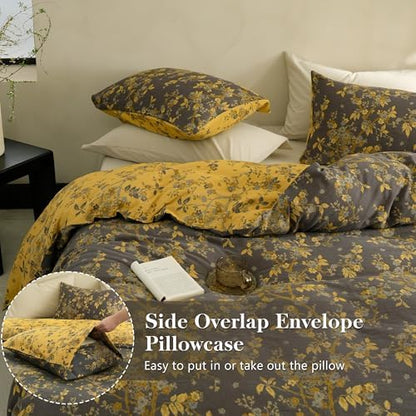 Simple&Opulence Muslin Duvet Cover Set Queen Size, 100% Washed Cotton 3 Pieces Yarn-Dyed Vintage Grey Floral Jacquard Textured Bedding, Soft & Breathable Gauze Comforter Cover with Zipper Closure