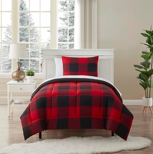 5 Piece Comforter Set Bed in a Bag Buffalo Check Christmas Print All Season Soft Down Alternative Bedding Comforter Set & Luxurious White Microfiber Bed Sheets, Twin, Buffalo Plaid Burgundy/Black