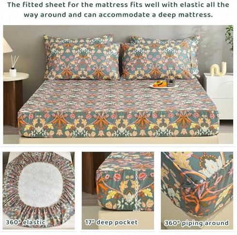 QSH Egyptian Cotton Floral Bed Sheets Queen Size,Luxury Silk Feel Paisley Botanical Pattern Printed Floral Sheets Sets Queen Extra Soft and Breathable 4pcs Deep Pockets Elegant Bedding Sheets