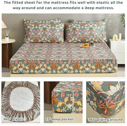 QSH Egyptian Cotton Floral Bed Sheets Queen Size,Luxury Silk Feel Paisley Botanical Pattern Printed Floral Sheets Sets Queen Extra Soft and Breathable 4pcs Deep Pockets Elegant Bedding Sheets