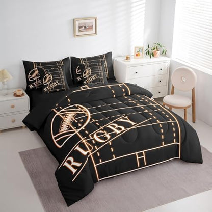 Erosebridal Sport Full Comforter Set 7 Pieces for Boys Soccer Bedding Comforter Sets, Football Theme Bed in a Bag Orange Black Bedding Set, Glowing Gradient Bed Sheets Set Soft (Black Reversible)