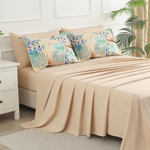 Yogeneg 7 Piece Bed in a Bag Queen Size Comforter Set Khaki Bedding Set,Yellow Floral Green Leaves Pattern Reversible Design,Soft Microfiber Comforter with Sheet Set,All Season(Khaki,Queen)