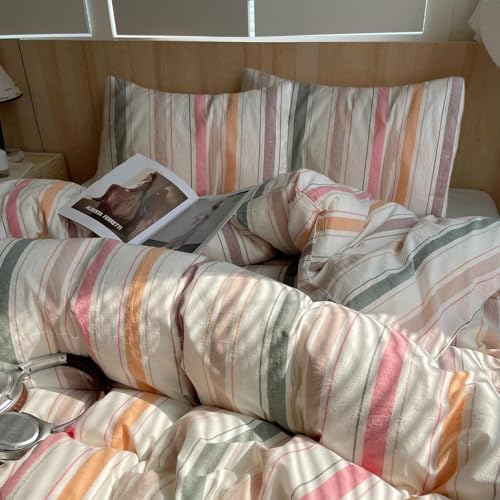 LifeTB Vintage Striped Comforter Set King, 3 Piece Multicolor Stripes Pattern Printed Comforter with 2 Pillowcases, Lightweight Soft Colorful Striped Bedding Set Farmhouse King Size Comforter Set