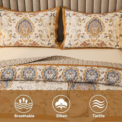 Bohemian Queen Size Quilt Comforter Sets 3 Pieces Quilts (1 Quilt, 2 Pillow Shams) Nordic Bedding Set Printed Coverlet with Pillowcase Lightweight Bedspread Set for All Seasons(Yellow)