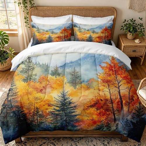 CCoutueChen Fall Forest Comforter Set King Size, Country Bedding with Watercolor Mountain Autumn Tree Bedroom Decor, 3 Pcs 2 Pillowcases, 104"x90"