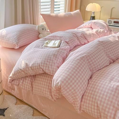 mixinni Light Pink Gingham Comforter Set Queen - 3 Piece Plaid Bedding Set, All-Season Soft Washed Cotton, Farmhouse Grid Pattern, Includes 1 Comforter & 2 Pillow Shams for Women Men