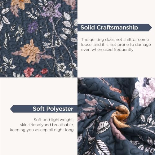 Litanika Floral Dark Blue Quilt - 3Pcs Botanical Birds Bedding Set