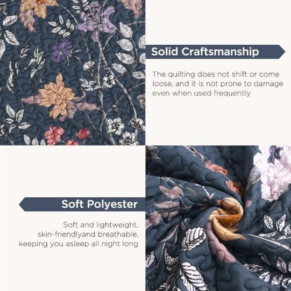 Litanika Floral Dark Blue Quilt - 3Pcs Botanical Birds Bedding Set