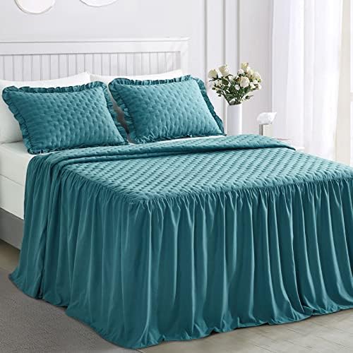 CHIXIN Ruffle Skirt Bedspread King Size - 30" Long Drop, Shabby Chic Style, Lightweight Bedding Cover, 3 Piece Set, Lagoon