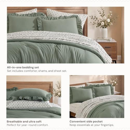 BLOOMHAVEN Queen Comforter Set-7 Pieces Ruffle Bedding with Floral Sheet