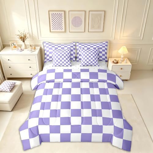 Feelyou Checkered Retro Comforter Set with Sheets 7 Piece Full Size Purple Plaid Bedding Set for Kids Boys Girls Geometric Vintage Bed in a Bag Modern Simple Groovy Aesthetic Room Decor Soft