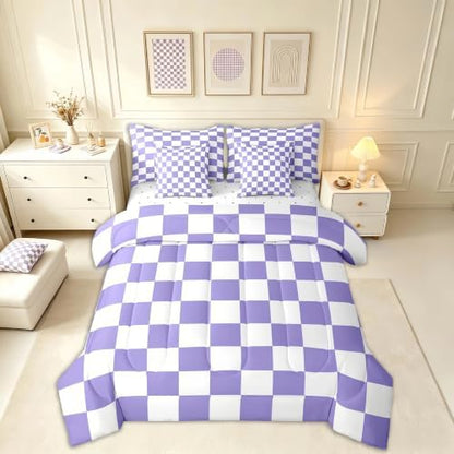 Feelyou Checkered Retro Comforter Set with Sheets 7 Piece Full Size Purple Plaid Bedding Set for Kids Boys Girls Geometric Vintage Bed in a Bag Modern Simple Groovy Aesthetic Room Decor Soft