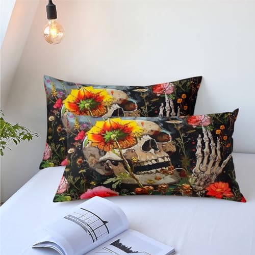 CCoutueChen Smile Skull Comforter Set King Size, Gothic Floral Bedding Set for Women Bedroom Decor,3 Pcs 2 Pillowcases/104 * 90