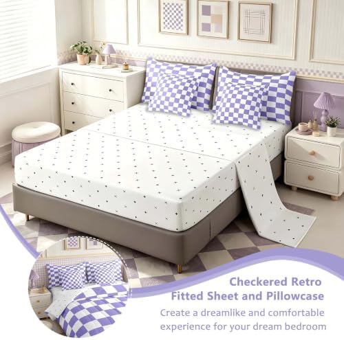 Feelyou Checkered Retro Comforter Set with Sheets 7 Piece King Size Purple Plaid Bedding Set for Kids Boys Girls Geometric Vintage Bed in a Bag Modern Simple Groovy Aesthetic Room Decor Soft