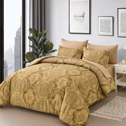 WONGS BEDDING Gold Comforter Set King Size, Damask Texture Design 7 Pieces Bed in a Bag Microfiber Comforter Bedding Sets -1 Comforter, 1 Flat Sheet, 1 Fitted Sheet, 2 Pillow Shams,2 Pillowcases