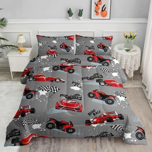 Axolotl Kids Racing Car Comforter Set King Size,Cartoon Race Car Bedding for Boys Girls Teen,Extreme Sport Bedding,Cars Racing Race Cars Quilt Bed Set with 1 Comforter 2 Pillowcases,Red Grey