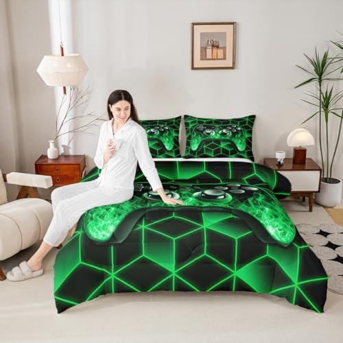 Green Game Console Comforter Set for Boys Gamer Gifts,Neon Geometric Gamer Bedding Set,3D Geometric Boys Comforter Set Flame Gaming Consoles Decor for Bedroom Decor