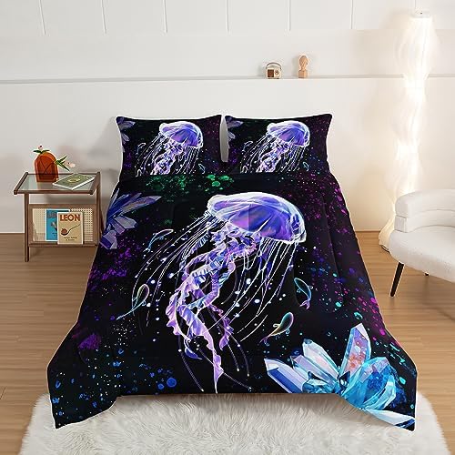 HOSIMA Ocean Theme King Size Comforter Set 3 Piece,Deep Sea Treasure Crystals Jellyfish Comforter Preppy Bedding Set,Dreamy Marine Life Colored Ink Comforter Galaxy Bedding.