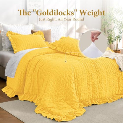 JOLLYVOGUE Pumpkin Yellow Queen Comforter Set,3pcs Seersucker Bed Set