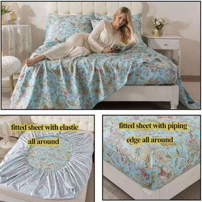 FADFAY Full Sheet Set 4 Piece 100% Egyptian Cotton Bed Sheets Deep Pocket, Soft Breathable Vintage Blue French Country Bedding Shabby Cottagecore Floral Bedding Luxury Hotel Quality for All Seasons