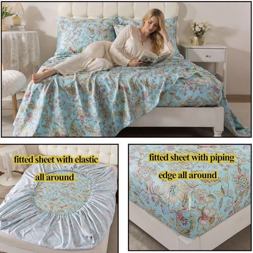 FADFAY Twin Sheet Set 4 Piece 100% Egyptian Cotton Bed Sheets Deep Pocket, Soft Breathable Vintage Blue French Country Bedding Shabby Cottagecore Floral Bedding Luxury Hotel Quality for All Seasons