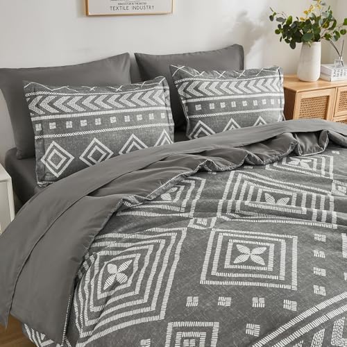 Yiran Boho California King Comforter, Grey Aztec Comforter Bedding Set, 7 Piece Bed in a Bag, Soft Microfiber Bohemian Striped Complete Bedding Set with Sheets for All Season