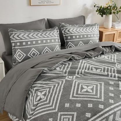 Yiran Boho California King Comforter, Grey Aztec Comforter Bedding Set, 7 Piece Bed in a Bag, Soft Microfiber Bohemian Striped Complete Bedding Set with Sheets for All Season