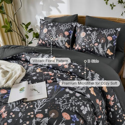 Yiran Queen Comforter Set Dark Gray Floral Bedding Set 7 Piece Bed in a Bag