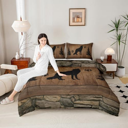 Manfei Wolf Kids Comforter Set Twin Size, Wild Animal Down Comforter, Rustic Farmhosue Brown Wooden Plank Bedding Set for Boys Teens Adults Room Decor, Lightweight Duvet Insert, 1 Pillowcase