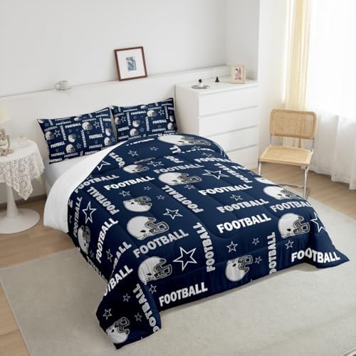 American Football Bedding Set Twin Size for Kids Boys,Navy Blue Grey Helmet Stars Print Comforter Set Teens Room Decor,Cowboys Men Football Sports Quilt Set Vintage Style Duvet Insert 2Pcs