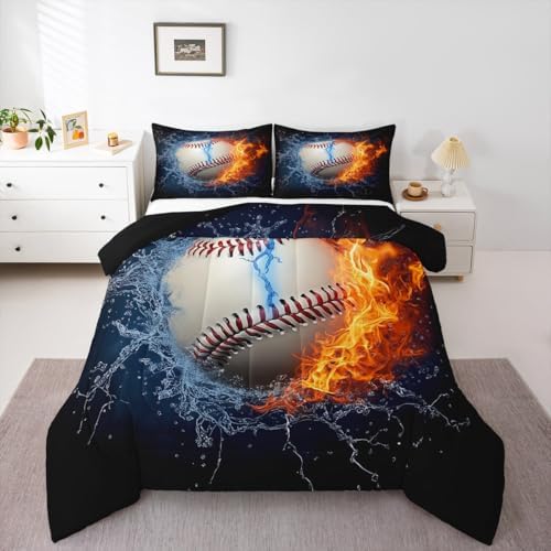 Erosebridal Baseball Comforter Set King Size Sports Theme Bedding Kids Teens Boys Fire and Ice Sports Baseball Quilted Duvet Decoration 3 Pcs Bedding Comforters Red Blue with 2 Pillowcases
