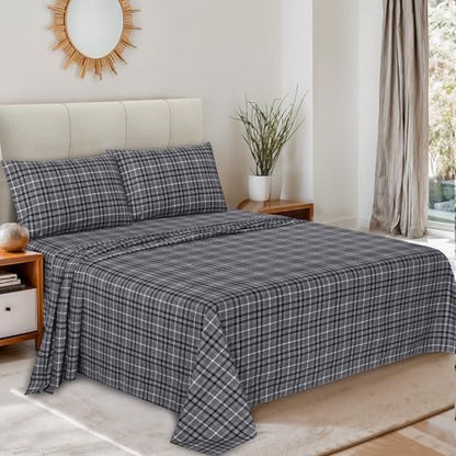 RUVANTI 100% Cotton Flannel Sheets Twin Size, Grey Plaid