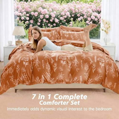 MUXHOMO Burnt Orange Full Comforter Set, Elegant Floral Print Bed in a Bag 7 Pieces, Ultra Soft & Breathable Reversible Botanical Pattern Bedding Set with Comforter, Sheets, Pillowcases, and Shams