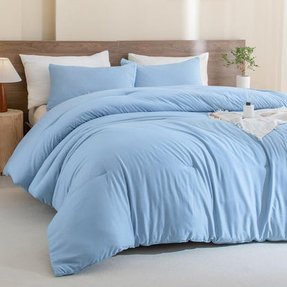 Paxrac Dusty Blue King Comforter Set, 3 Pieces Lightweight Solid Bedding Set, Soft Fluffy Comforter, All Season Bed Set (104"x90" Comforter & 2 Pillowcases)