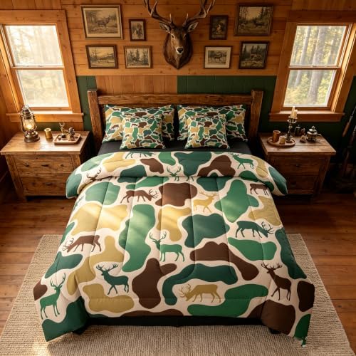 Erosebridal Deer Hunting Camo Bedding Set Twin Forset Wildlife Camouflage Comforter Set 7 Piece Beige Brown Green Camo Bed in A Bag for Kids Farmhouse Animal Quilt with Flat Fitted Sheet